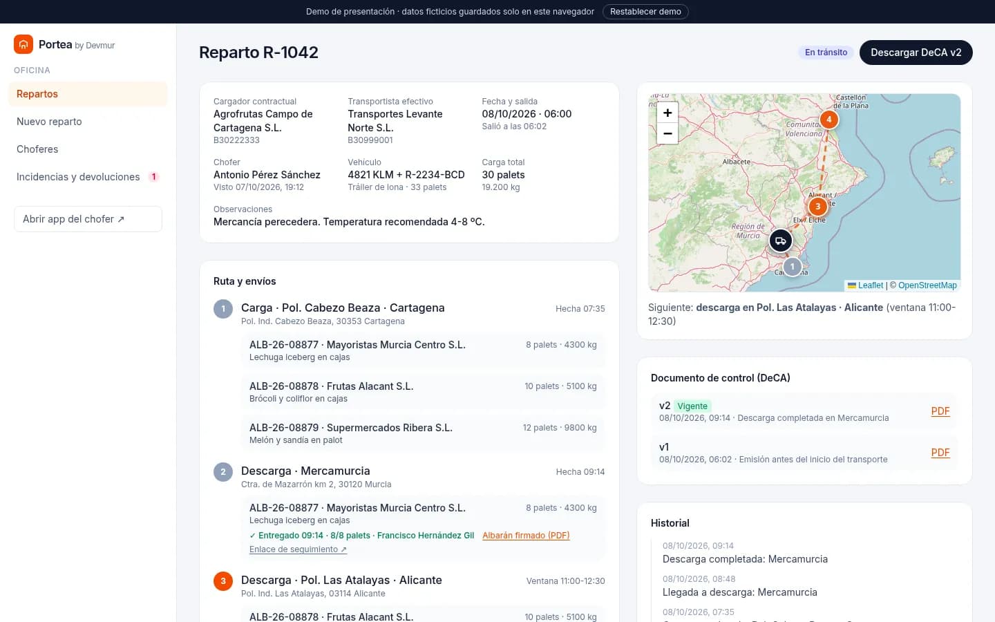 Demo de Portea: detalle de un reparto con sus paradas, el mapa y las versiones del documento de control (DeCA)