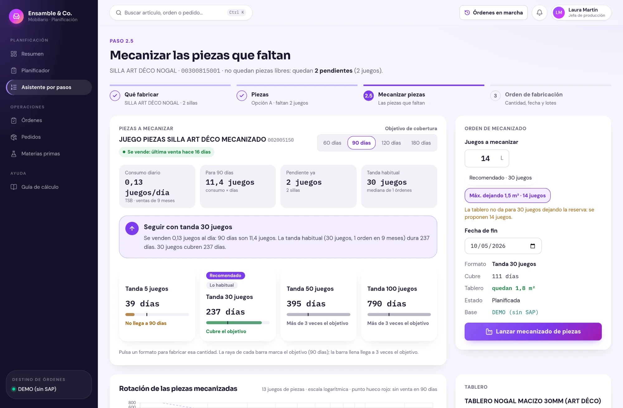 Asistente guiado paso a paso: qué fabricar, con qué piezas y en qué orden.